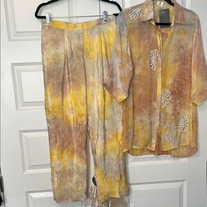 Amani Hand-Dyed Floral Embroidered Lounge Set - Pastel Yellow & Peach